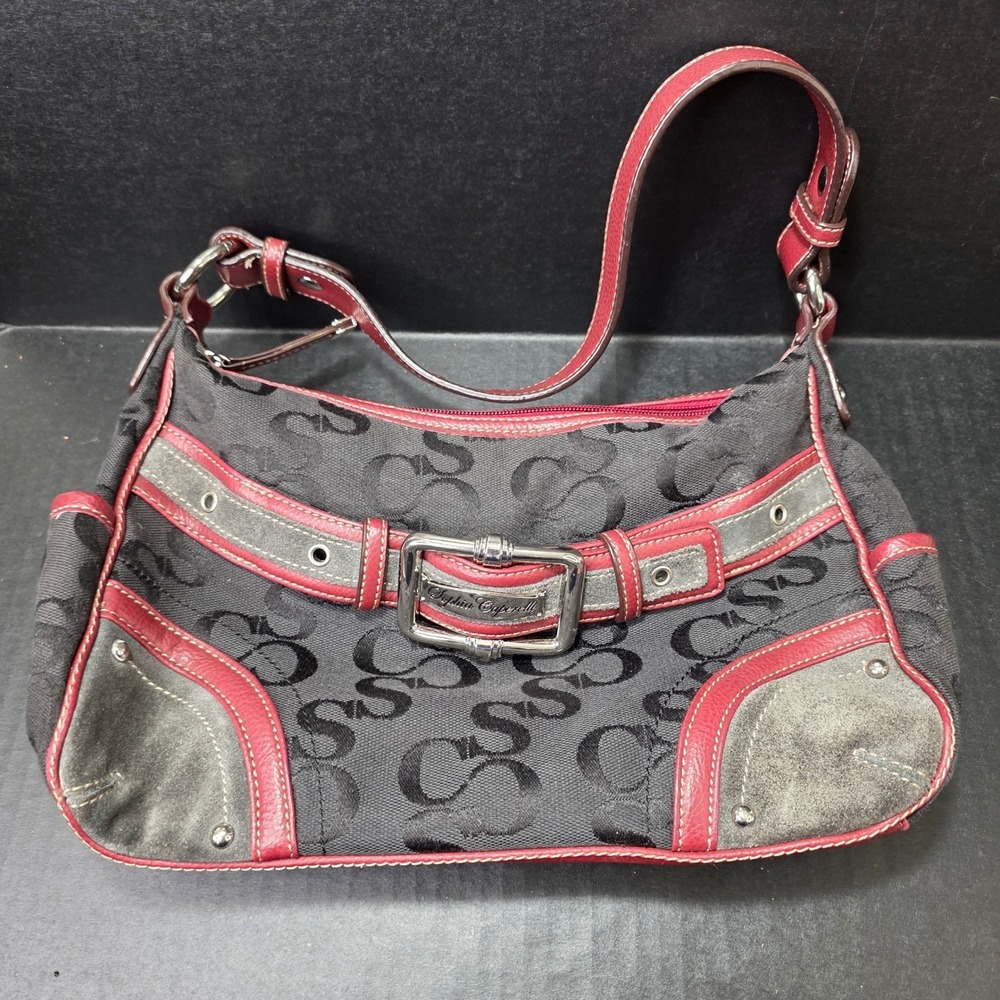 Sophia Caparelli Black Red Monogram Canvas Shoulder Bag Y2K Buckle Hobo Purse